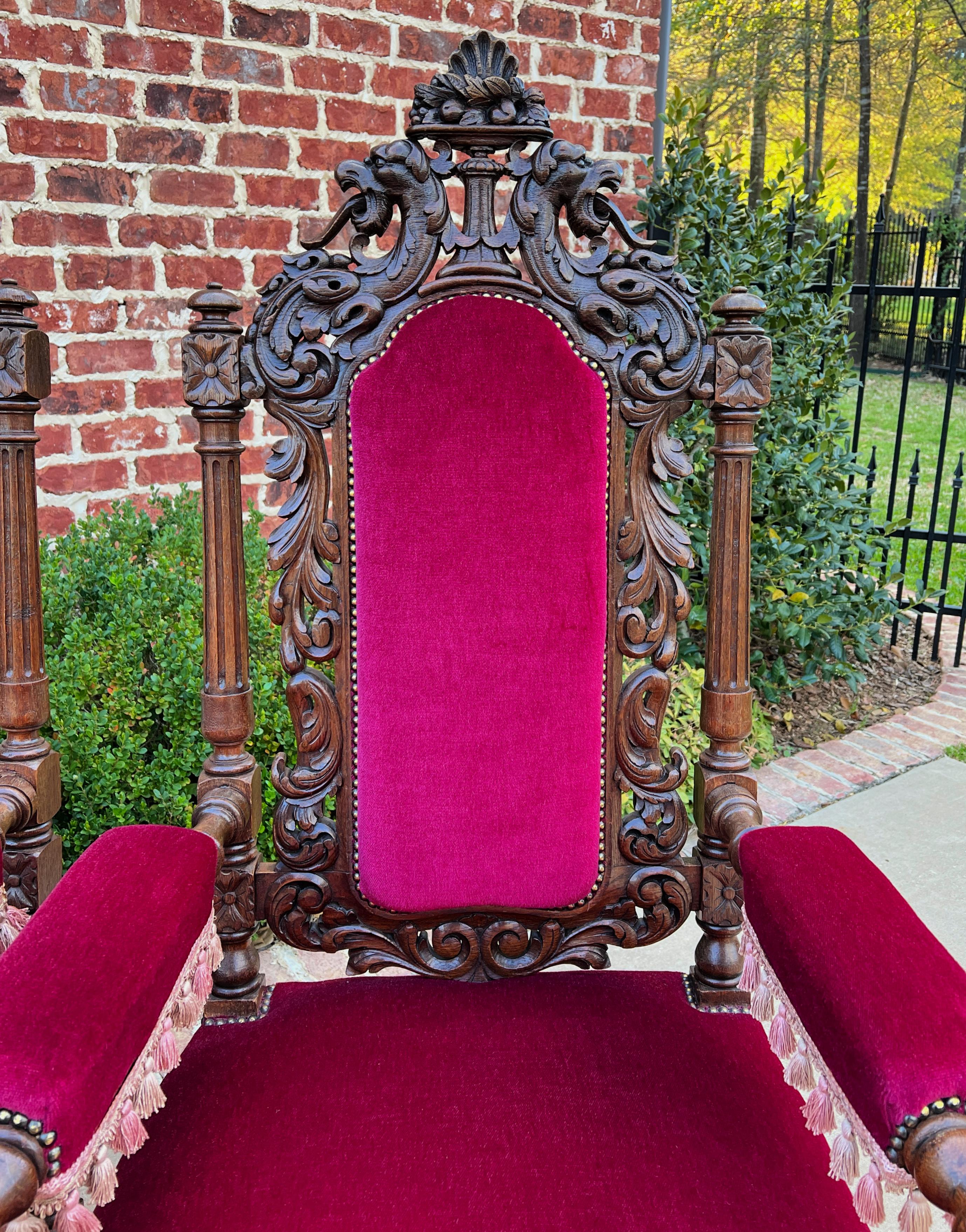 Antique French Pair Arm Chairs Fireside Throne Chairs Large Red Upholstery 19thc In Good Condition For Sale In Tyler, TX