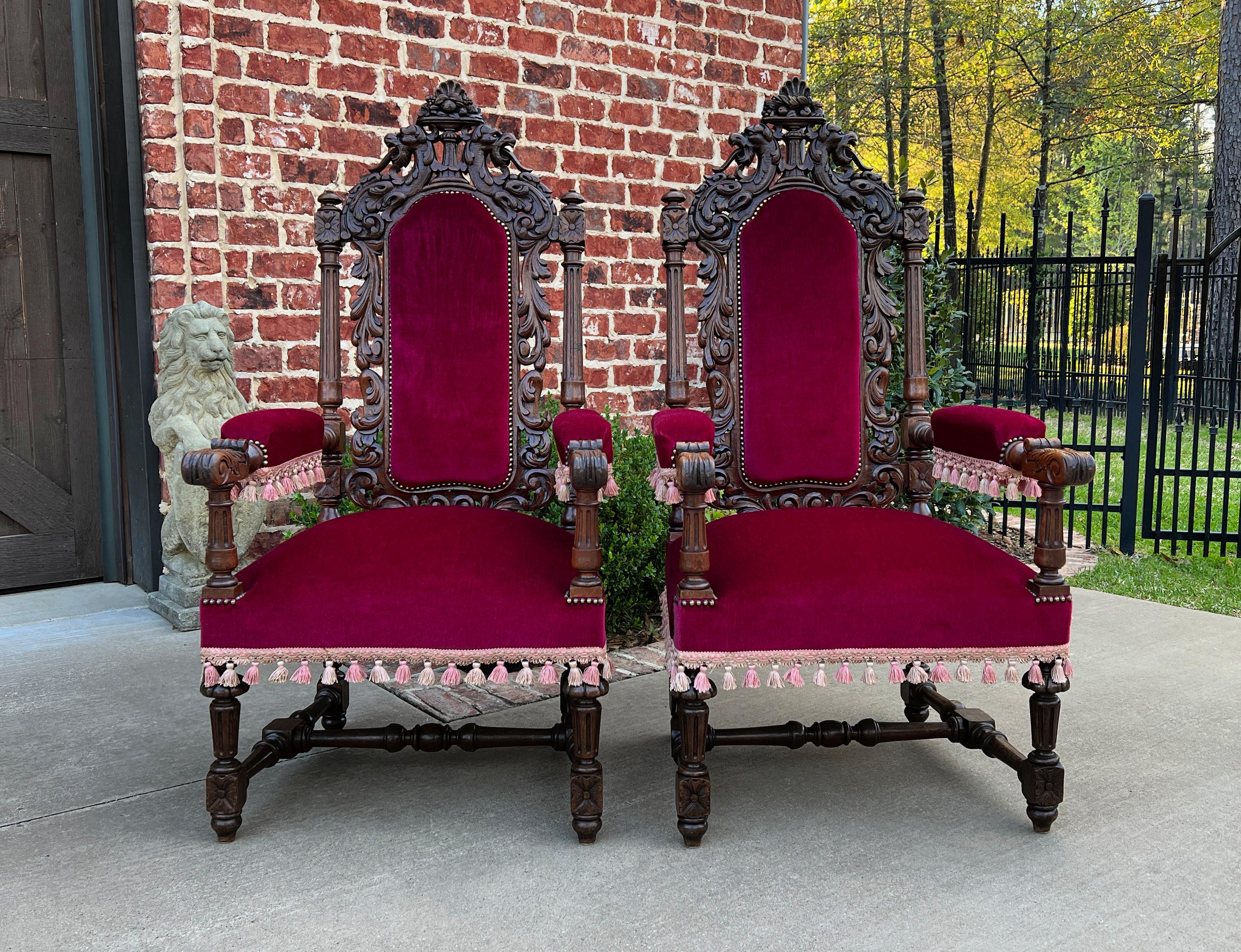 Antique French Pair Arm Chairs Fireside Throne Chairs Large Red Upholstery 19thc For Sale 1