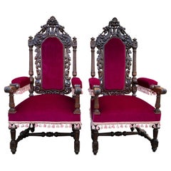 Antique French Pair Arm Chairs Fireside Throne Chairs Large Red Upholstery XIXc