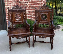Antique French Pair Armchairs Breton Desk Fireside or Throne Chairs, C. 1890