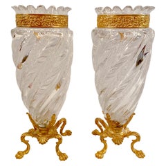 Antique French Pair of Baccarat Crystal and Bronze D'Ore Vases, circa 1890