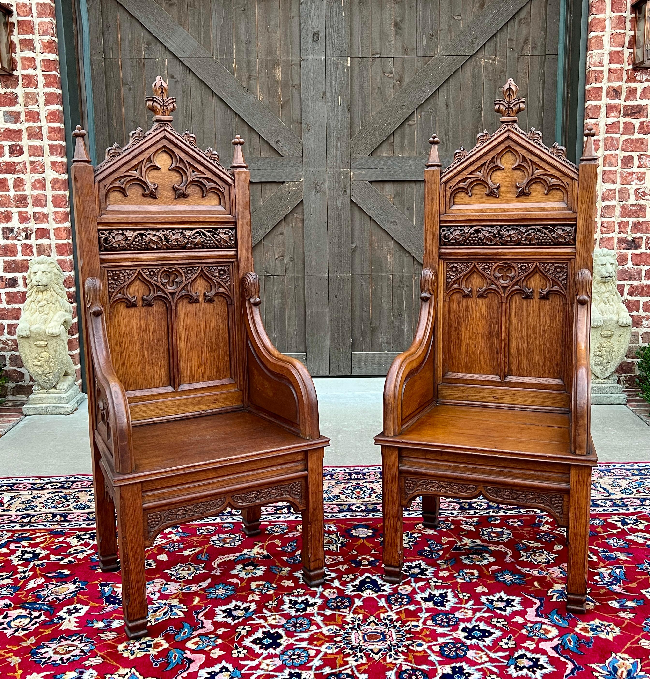 BEAUTIFUL and HARD-TO-FIND PAIR of Antique French GOTHIC REVIVAL Bishops Throne Altar Chairs~~CARVED OAK~~
1880s


        Highly detailed Gothic Revival accents

        Each chair is 57