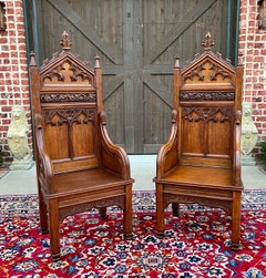 Antique French PAIR Bishops Throne Alter Chairs Gothic Revival Oak 19thC