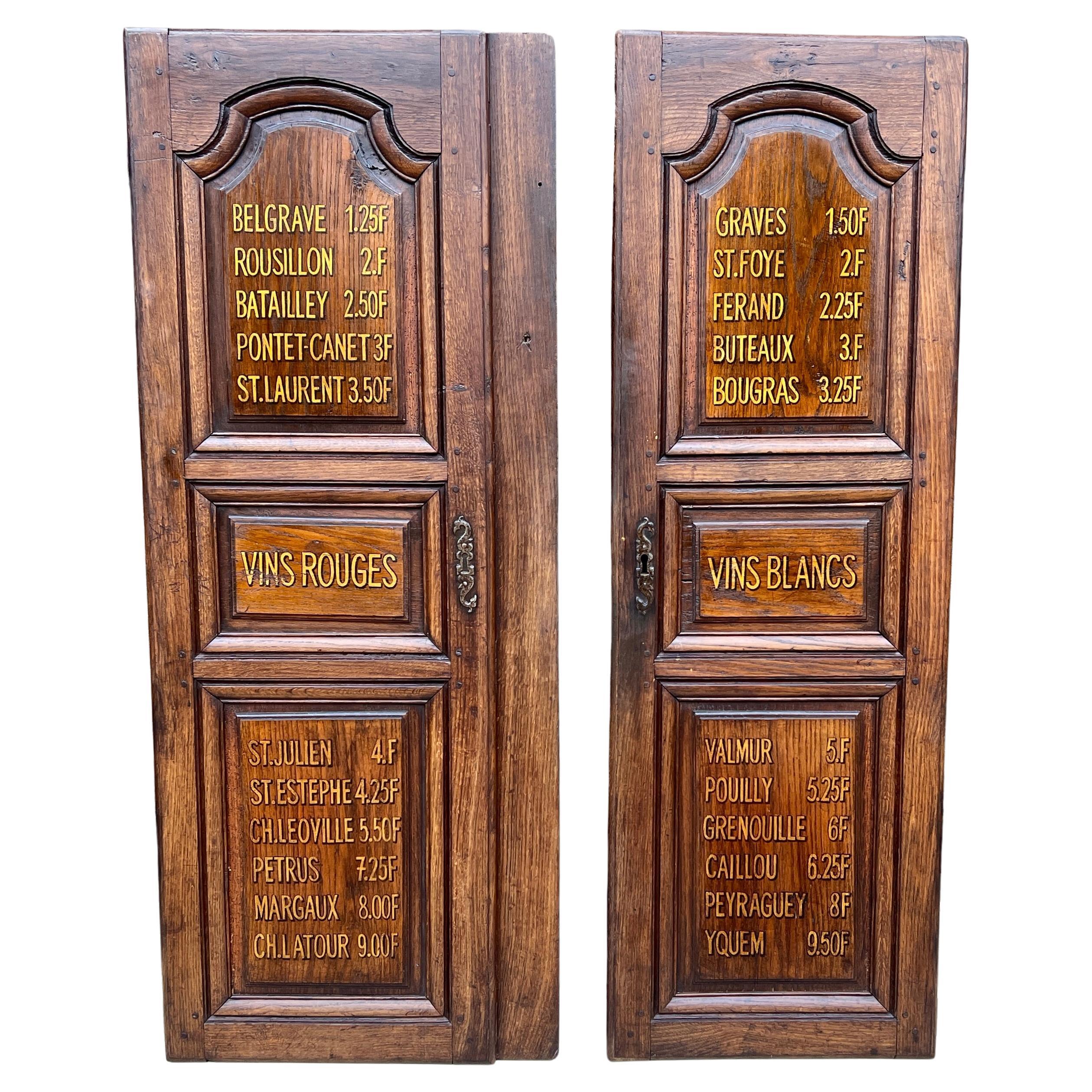 Antique French PAIR BUFFET WINE Doors Hand Painted Menus Bar Wine Cellar Oak 19C