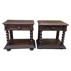 Antique French Pair End Tables Side Tables Nightstands Barley Twist Oak Drawers