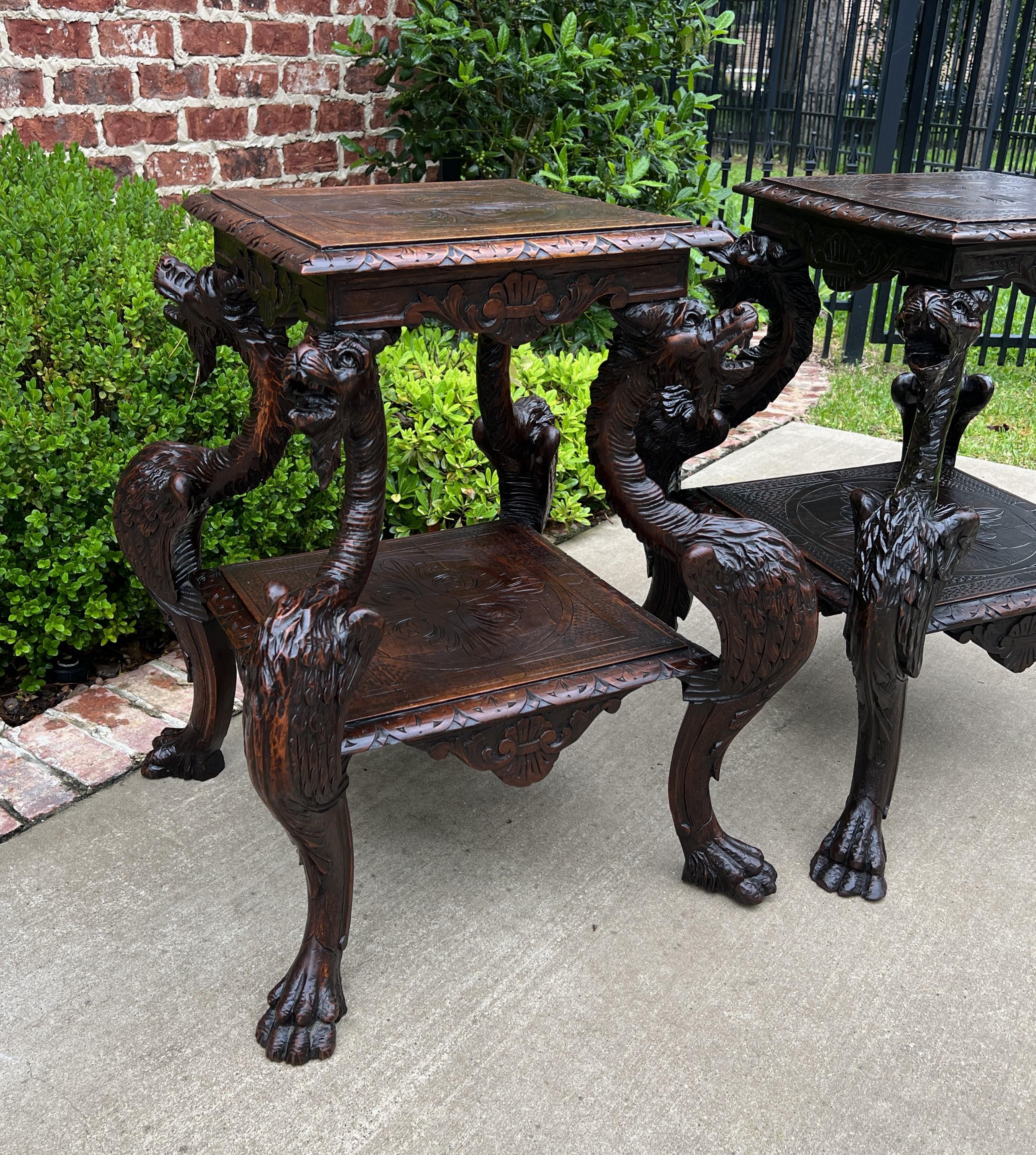 RARE EXQUISITELY CARVED Antique French Oak Gothic Revival PAIR End Tables, Side Tables, or Nightstands~ Dragons~~c. 1880s

 FANTASTIC PAIR of tables or 2-tier nightstands~~HIGHLY CARVED bearded dragon legs with hairy paw feet~~very GAME OF