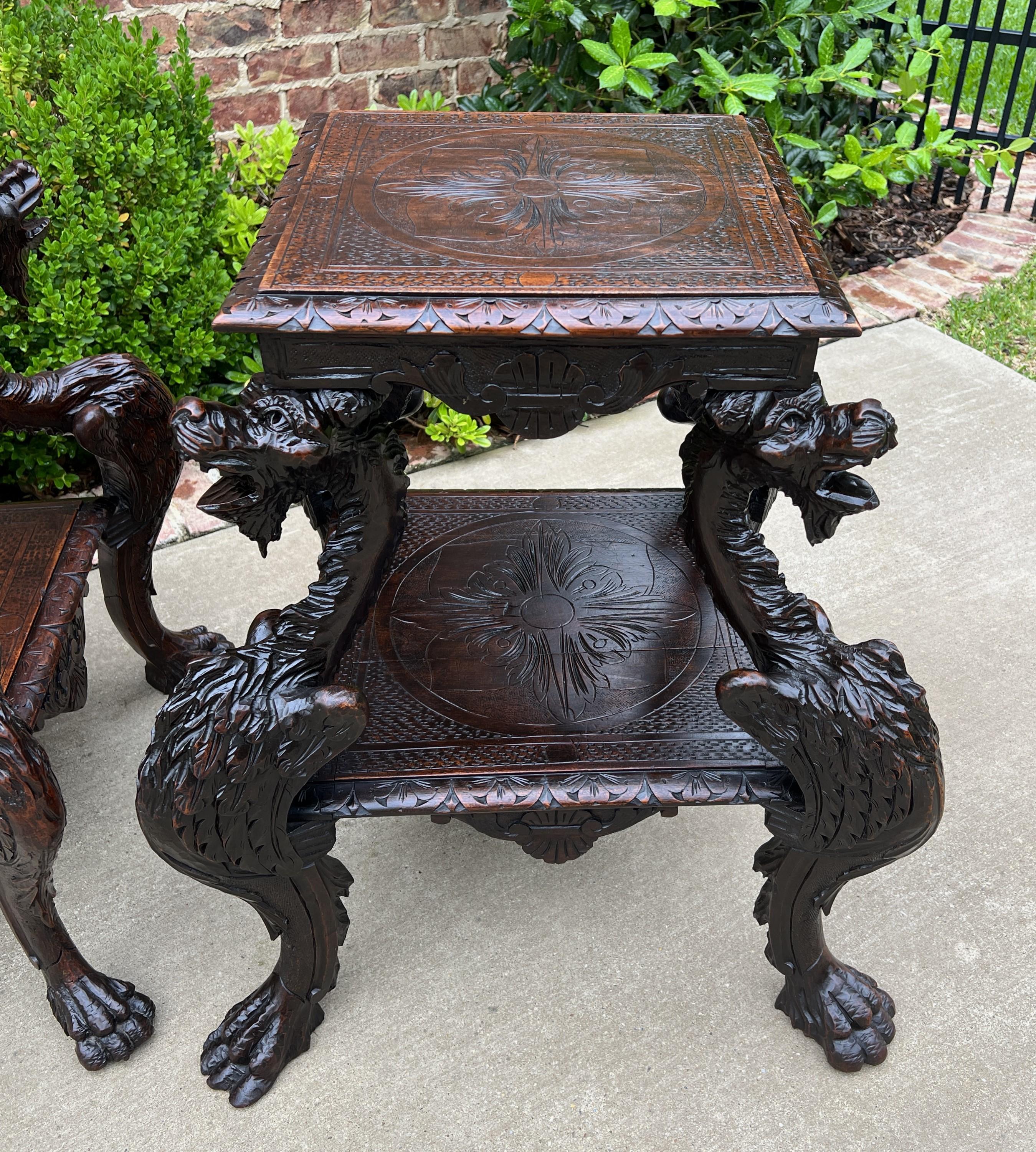 Gothic Revival Antique French Pair End Tables Side Tables Nightstands Dragons Oak Gothic 19th C For Sale