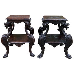 Antique French Pair End Tables Side Tables Nightstands Dragons Oak Gothic 19th C