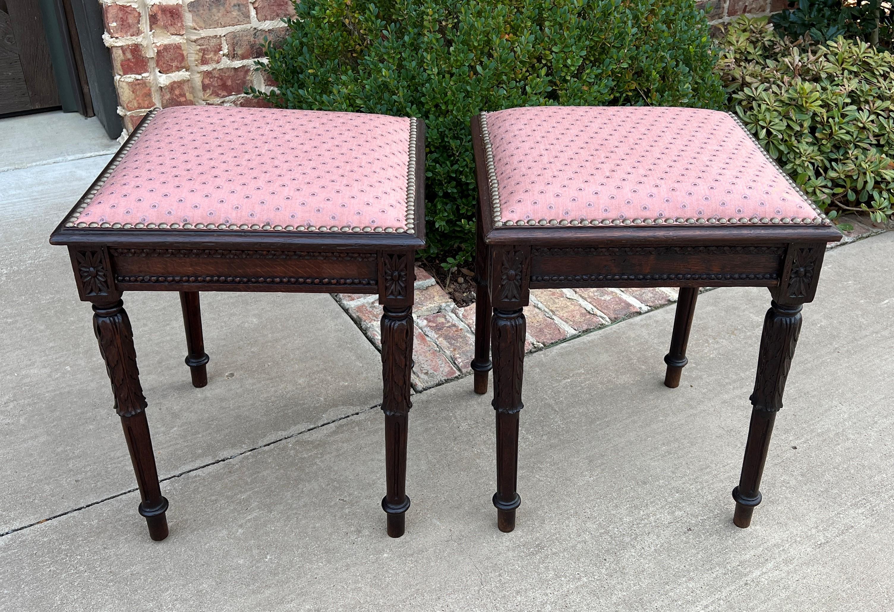 Renaissance Revival Antique French PAIR Foot Stools Small Benches Upholstered Top Stools Oak
