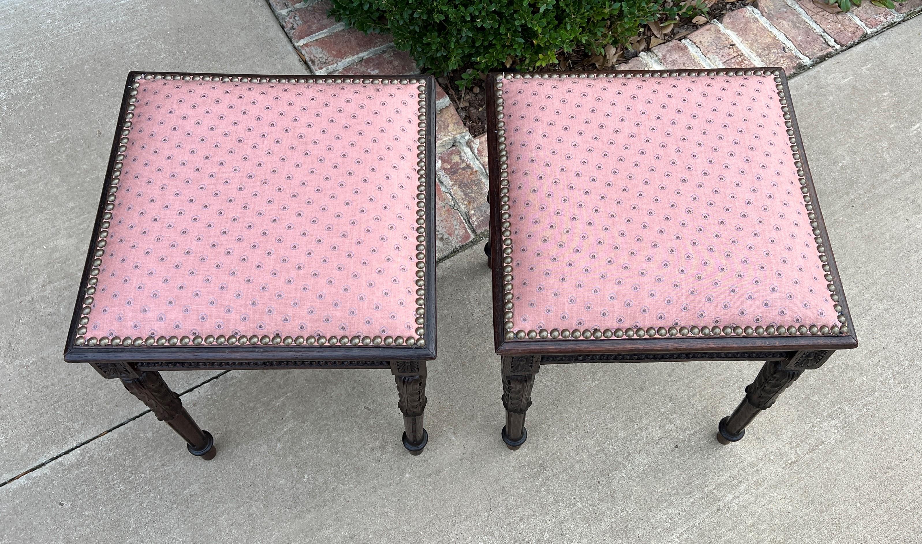 Antique French PAIR Foot Stools Small Benches Upholstered Top Stools Oak In Good Condition In Tyler, TX