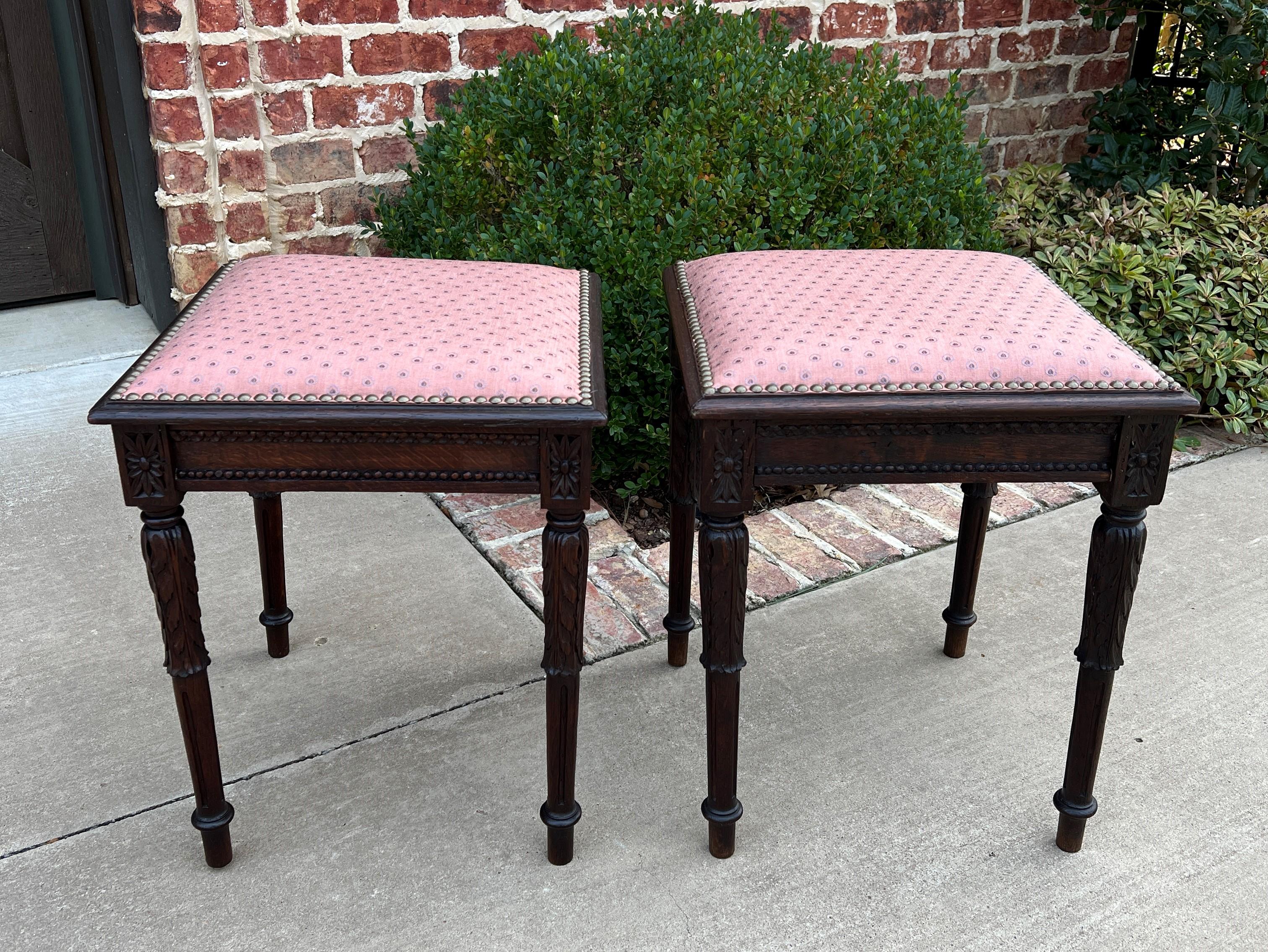 Late 19th Century Antique French PAIR Foot Stools Small Benches Upholstered Top Stools Oak