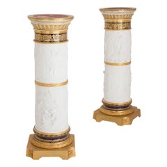 Antique French Pair Gold Ormolu Gilt Bronze Bisque Porcelain Pedestals Samson