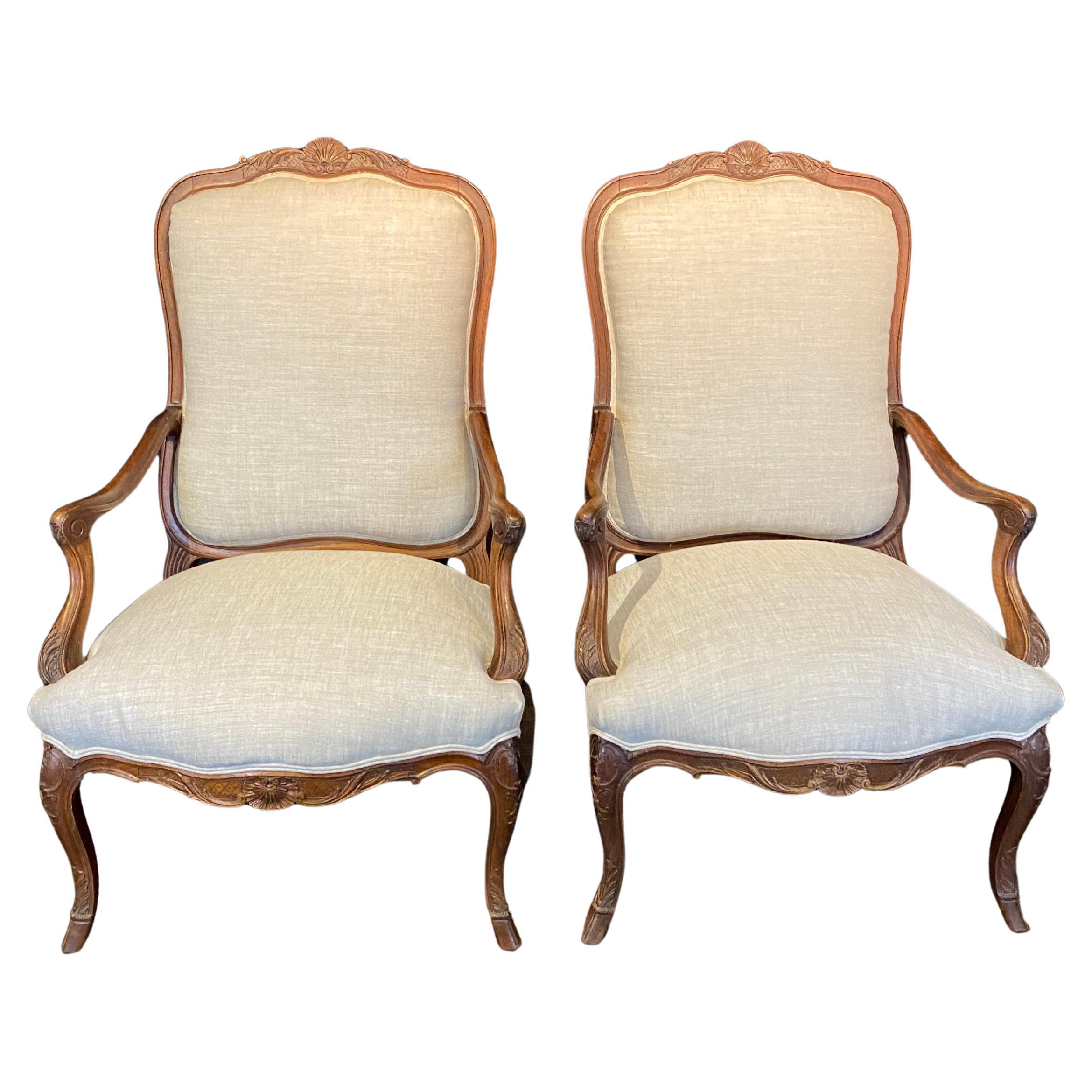Antique French Pair Louis XV Armchairs with Fine Carving New Upholstery