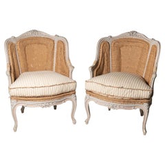 Antique French pair of Bergeres, armchairs, upholstery, original paint