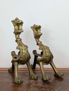 Antique French Pair of Brass Firedogs Andirons in the Form of Dragons