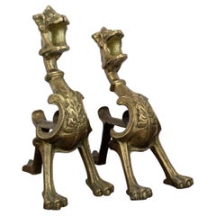 Antique French Pair of Brass Firedogs Andirons in the Form of Dragons