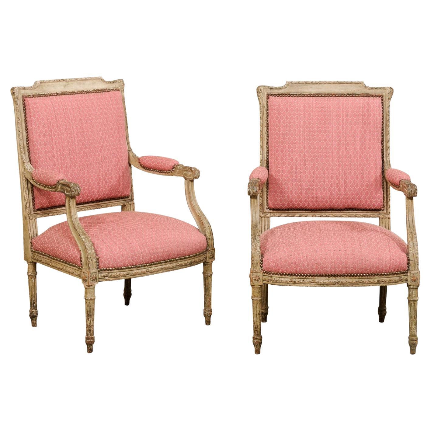 Antique French Pair of Louis XV Style Fauteuil Armchairs w/Original Wood Finish For Sale
