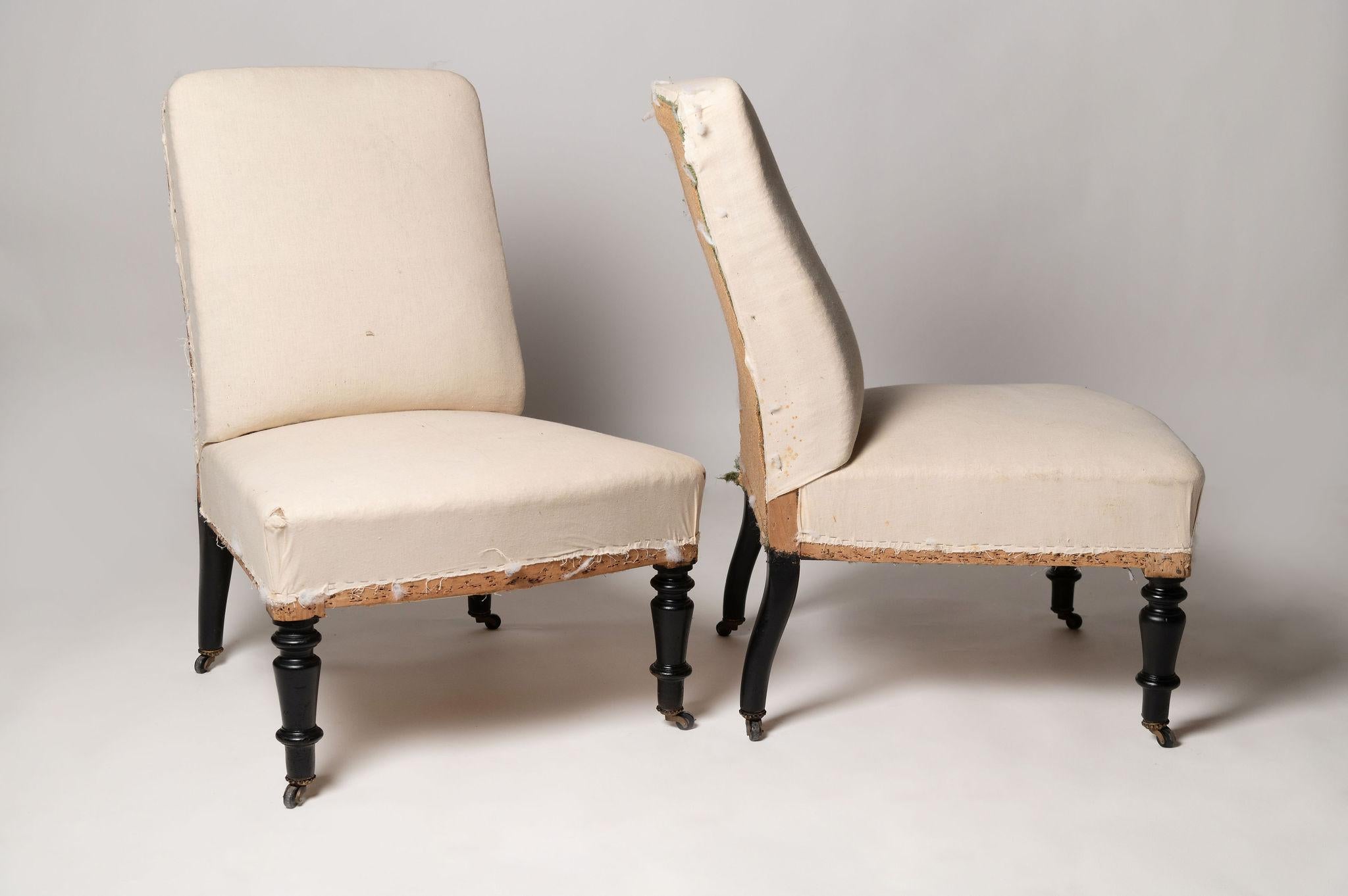 Antique French pair of Napoleon III slipper chairs, 19th Century, fireside 1