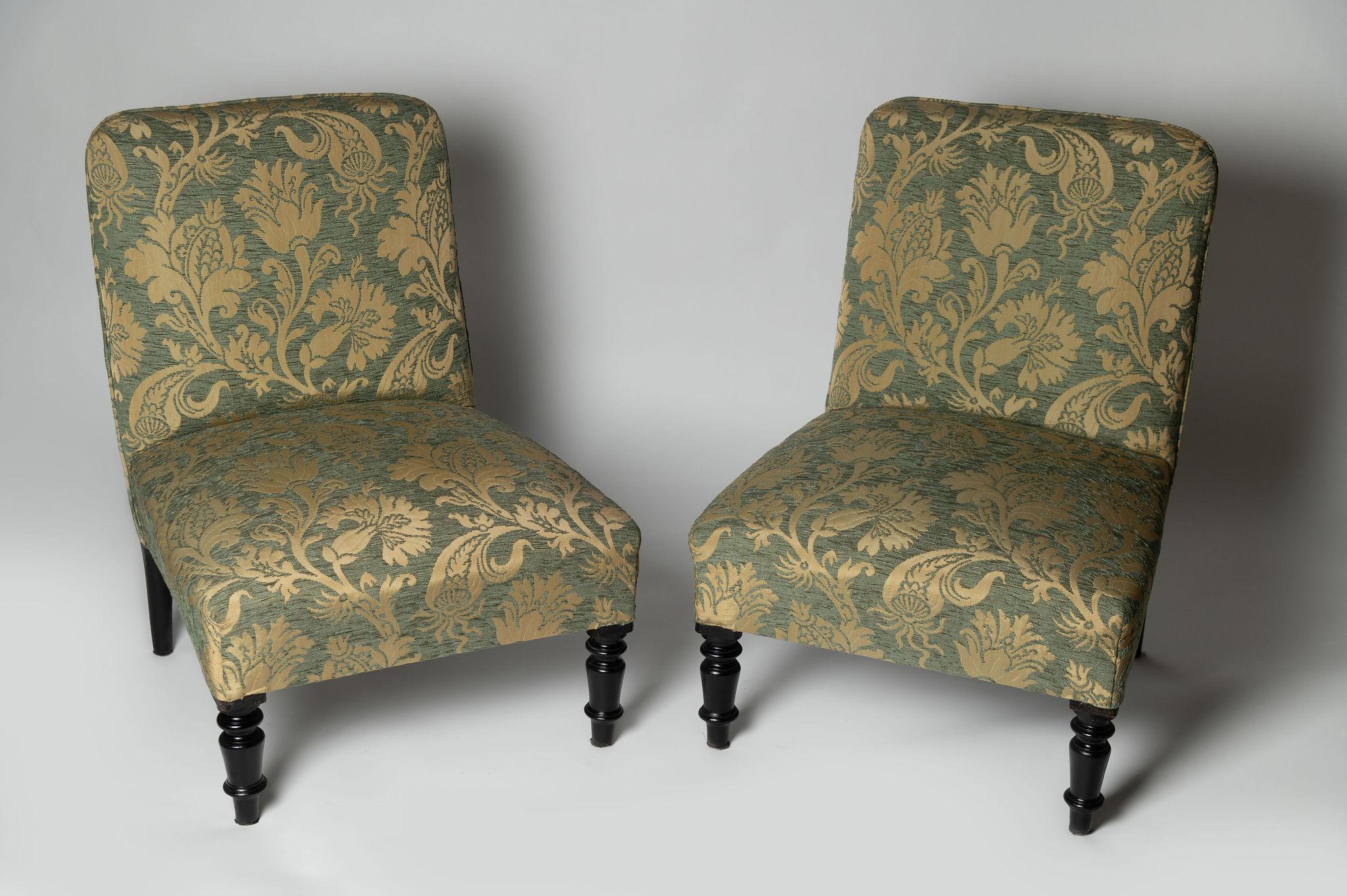 Antique French pair of Napoleon III slipper chairs. Ready for upholstery. Seat depth 19″. They are being sold ready for upholstery not as upholstered finished chairs. Ideal fireside, occasional or bedroom chairs. 