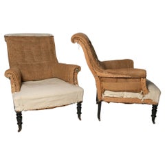 Antique French pair of Napoleon scroll back chairs, for upholstery