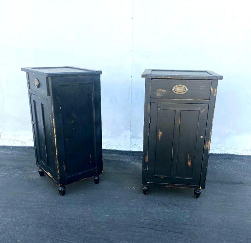 Black wood night stands, on the top is black glass, brass hardware. Distress original look and functional.
