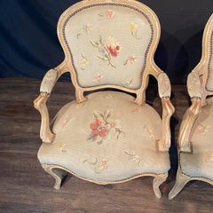 Antique French Pair of Painted Louis XV Armchairs Upholstered in Aubusson