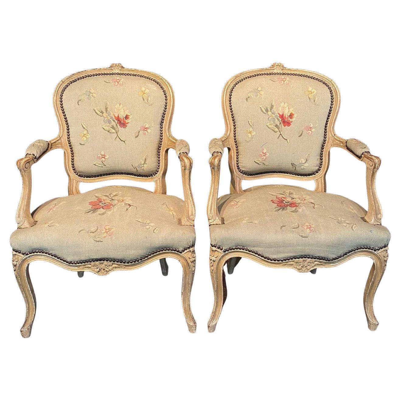 Antique French Pair of Painted Louis XV Armchairs Upholstered in Aubusson