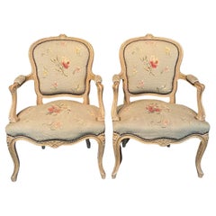 Antique French Pair of Painted Louis XV Armchairs Upholstered in Aubusson