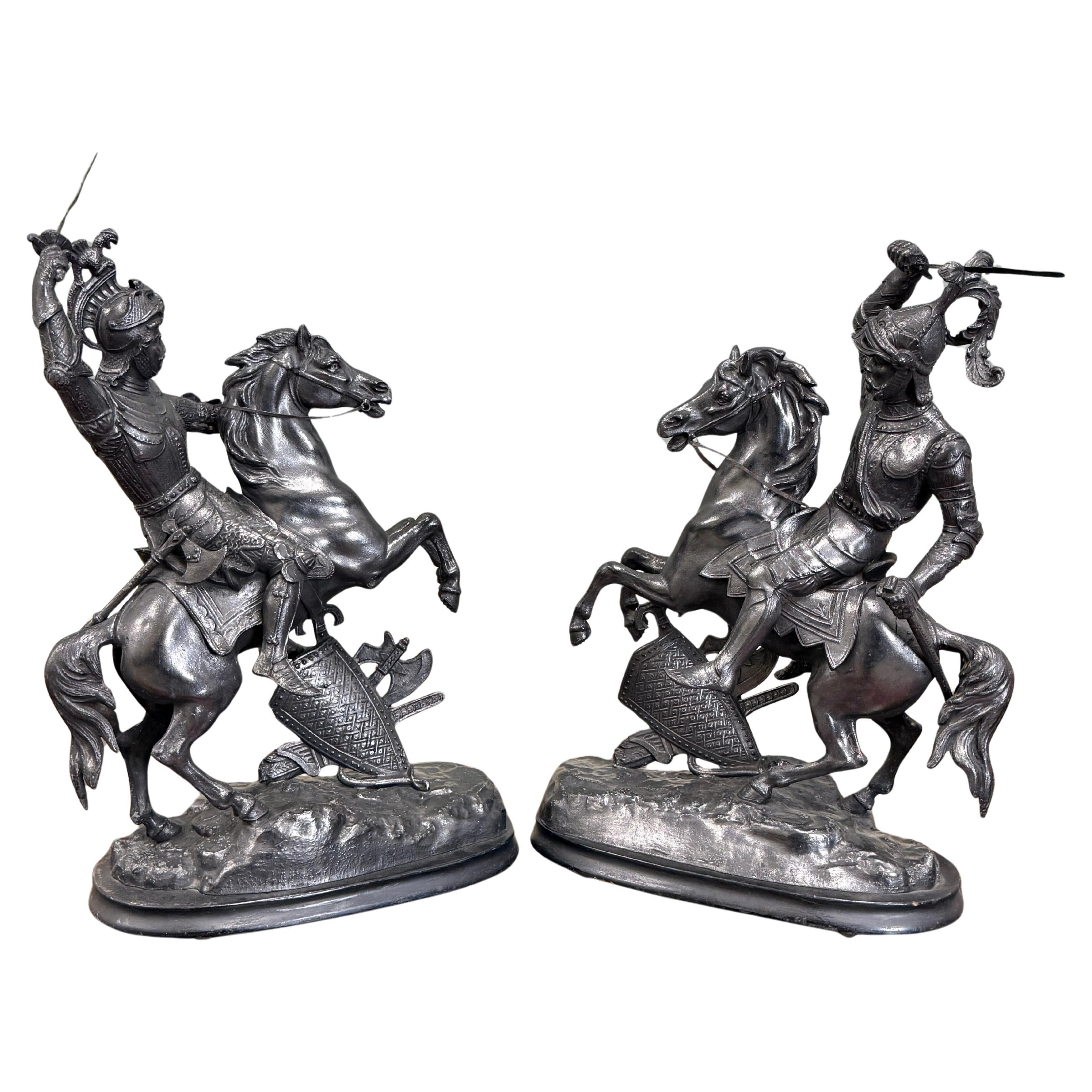 Antique French Pair of Patinated Spelter Sculptures Knights On Horseback