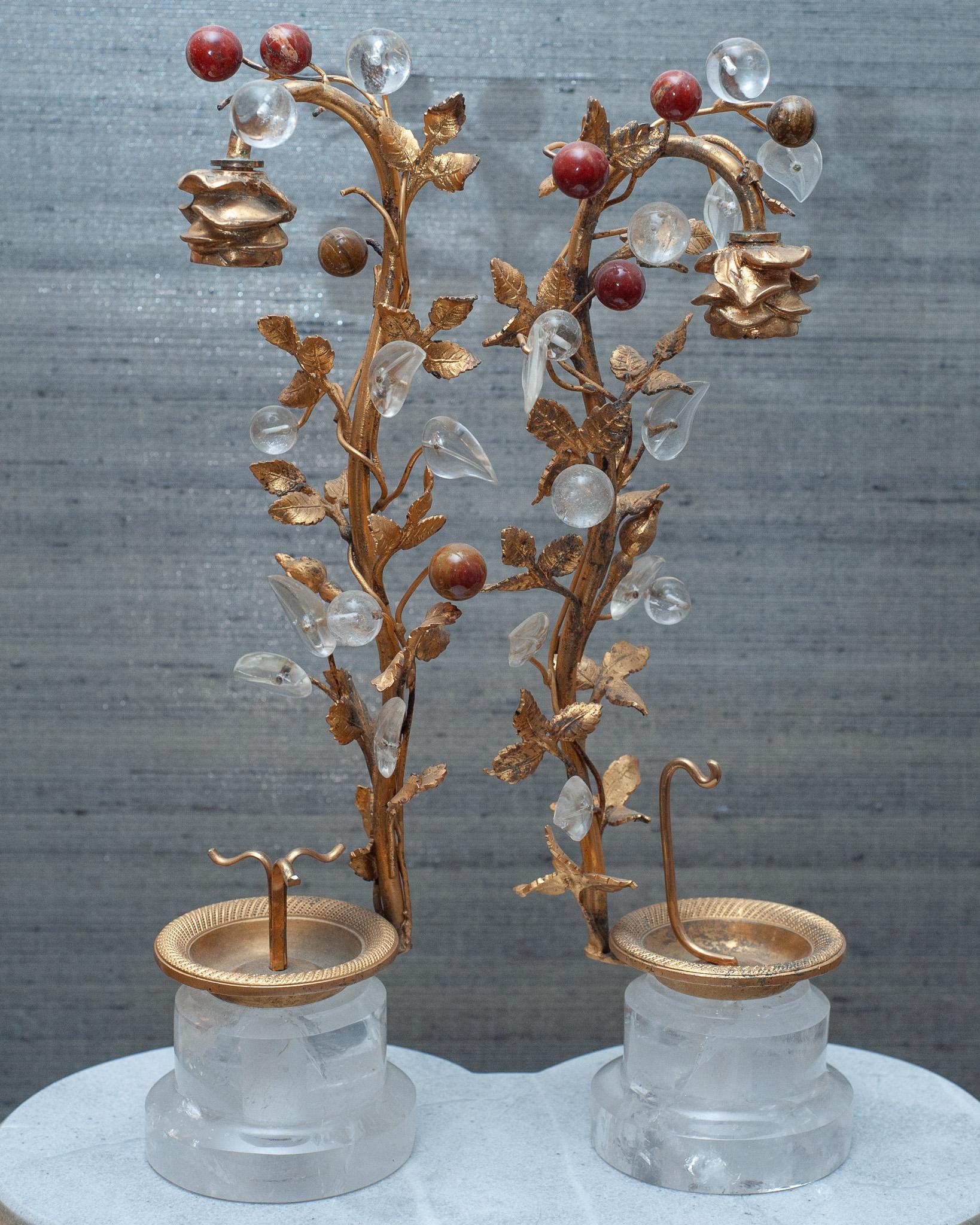 A stunning and exceptional pair of antique French gilt bronze tree objets, on rock crystal bases with rock crystal leaves, with semi-precious stone fruits in carnelian and tigers eye stone. An unusual and rare pair of objet, these are sure to be a