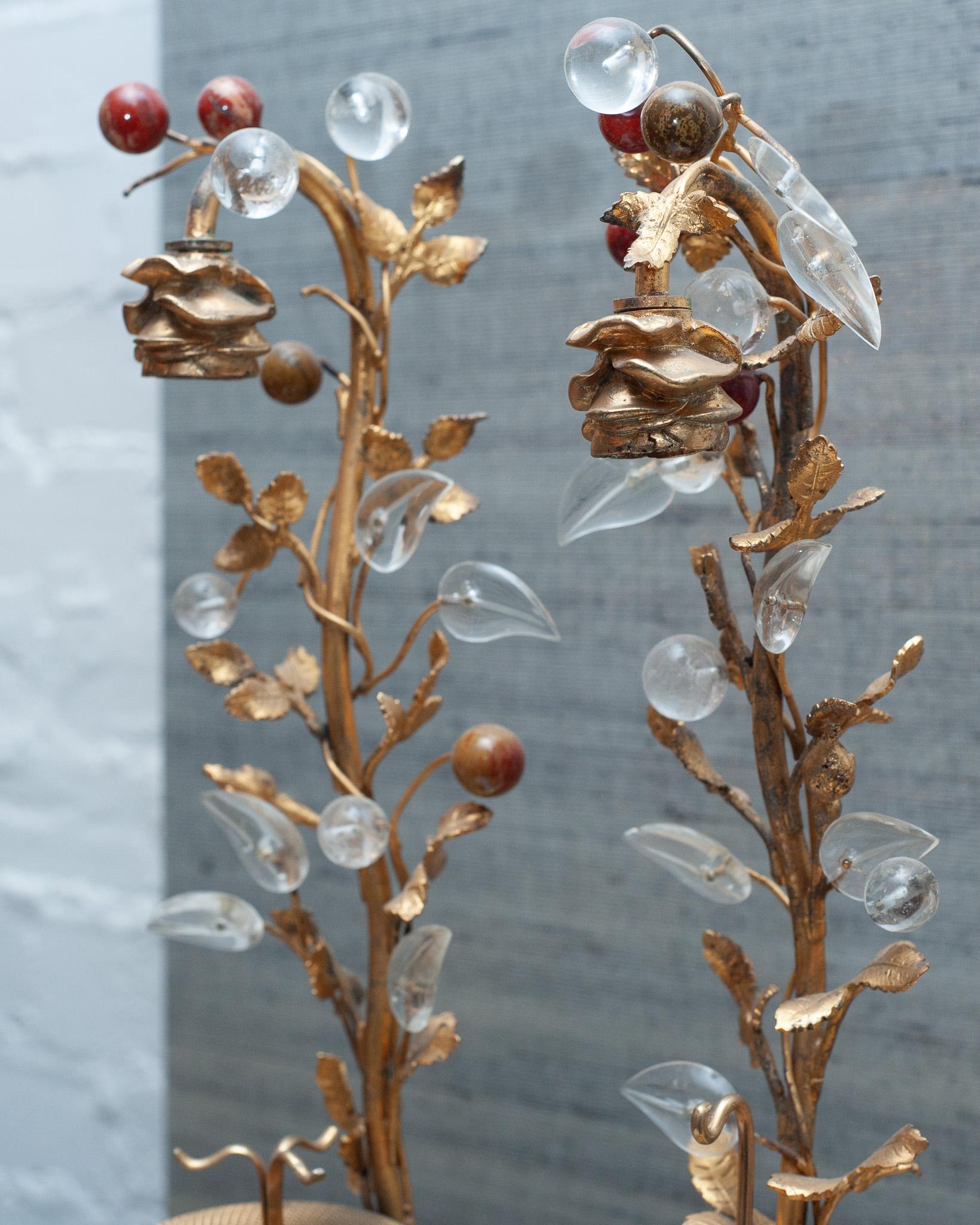 Gilt Antique French Pair of Rock Crystal Tree Objets with Semi-Precious Fruit  For Sale