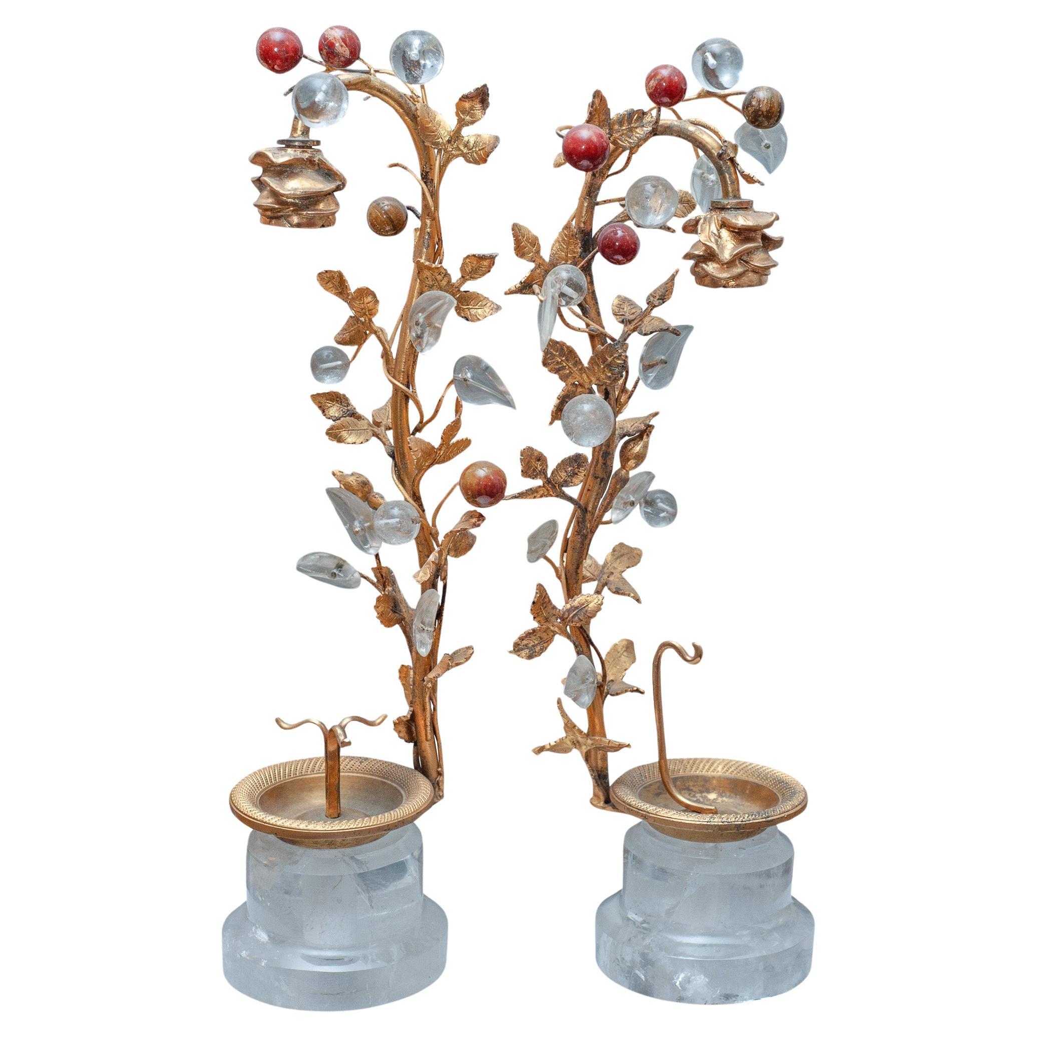 Antique French Pair of Rock Crystal Tree Objets with Semi-Precious Fruit  For Sale