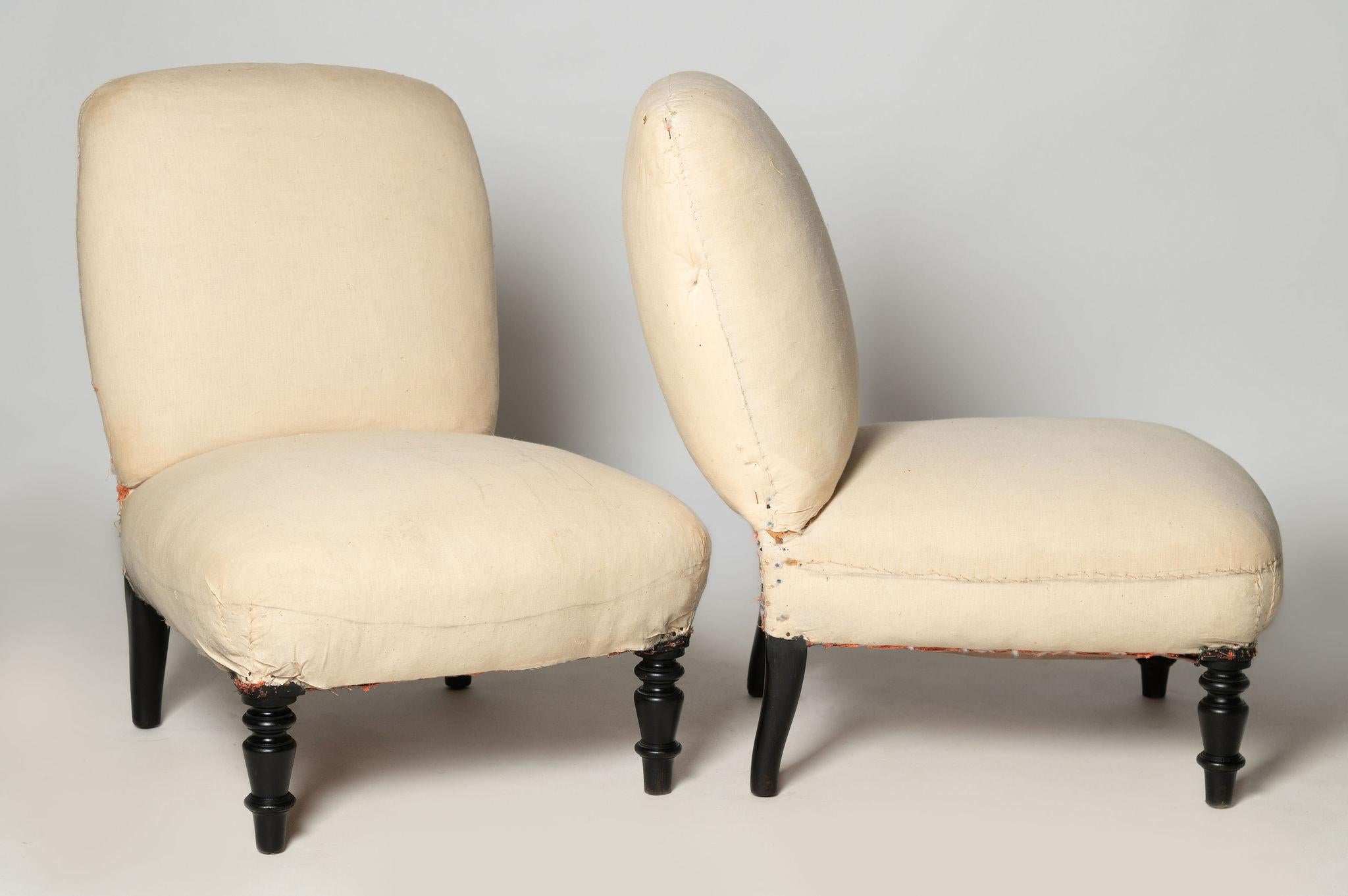 Antique French pair of slipper chairs, for upholstery, fireside, bedroom chairs  In Good Condition In Maidstone, GB