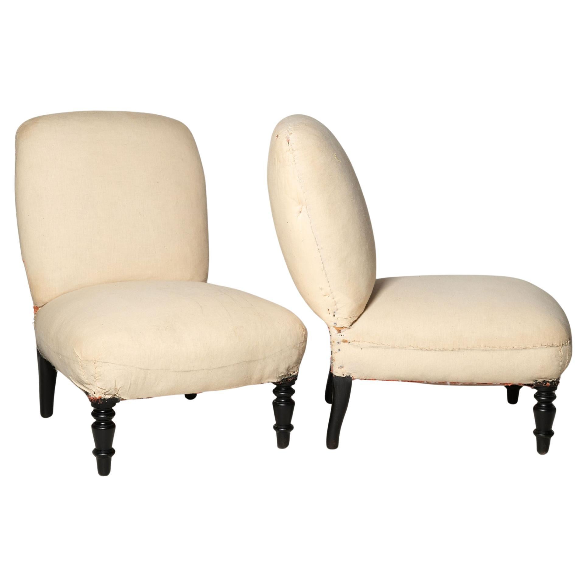 Antique French pair of slipper chairs, for upholstery, fireside, bedroom chairs 