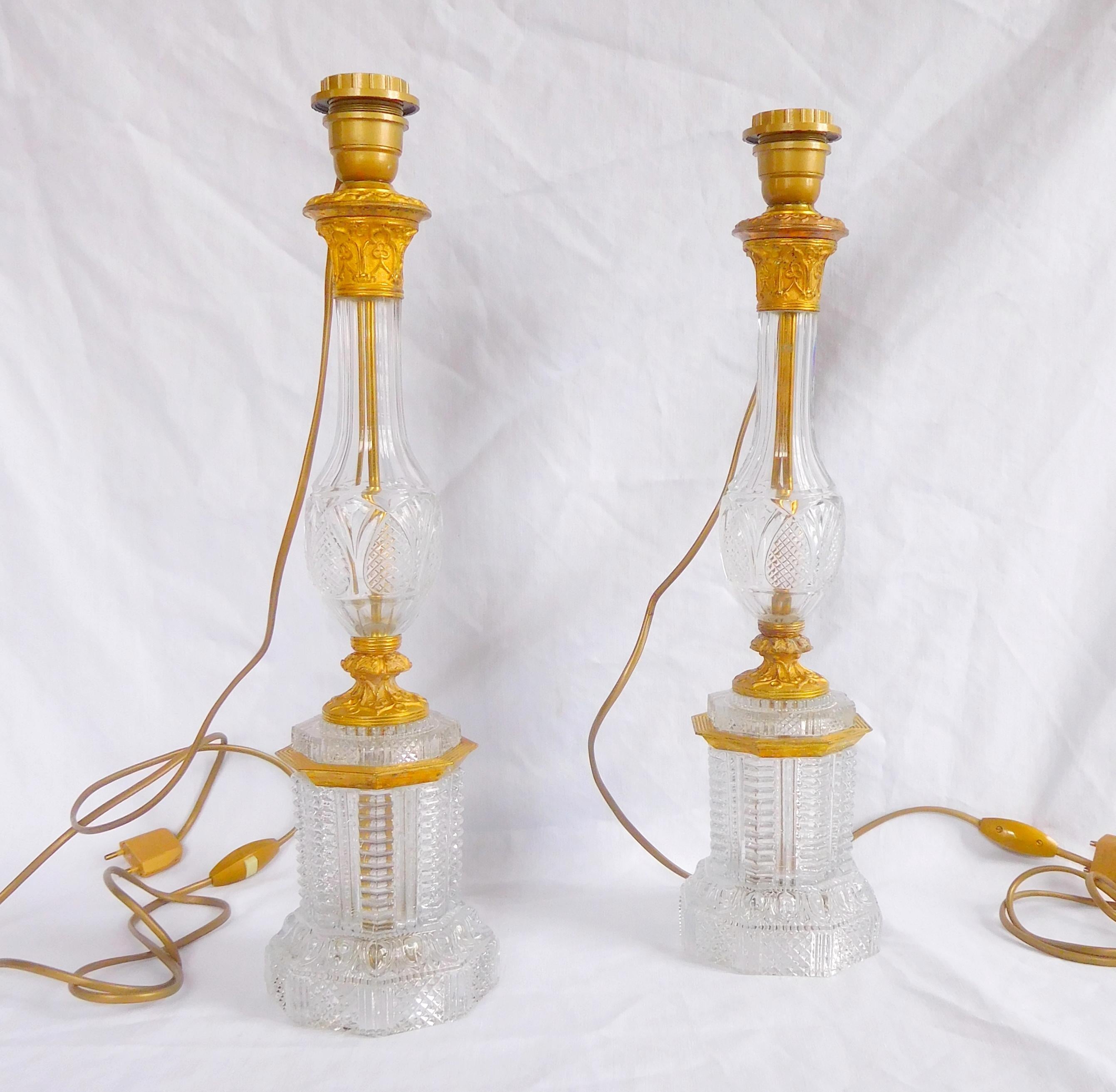 Restauration Antique French pair of tall crystal & ormolu lampstands - early 19th century