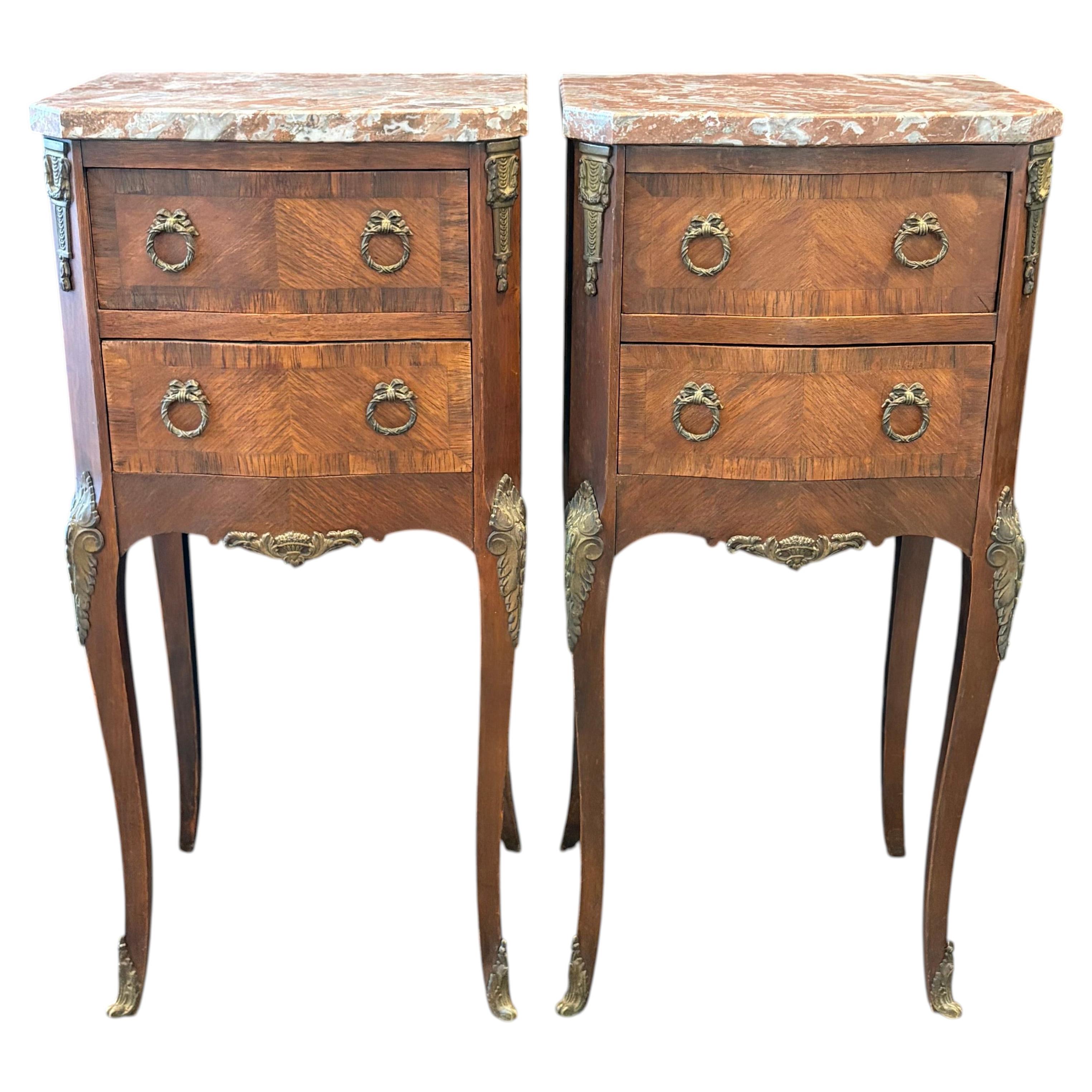Antique French Pair of Walnut & Marble Top Night Stands