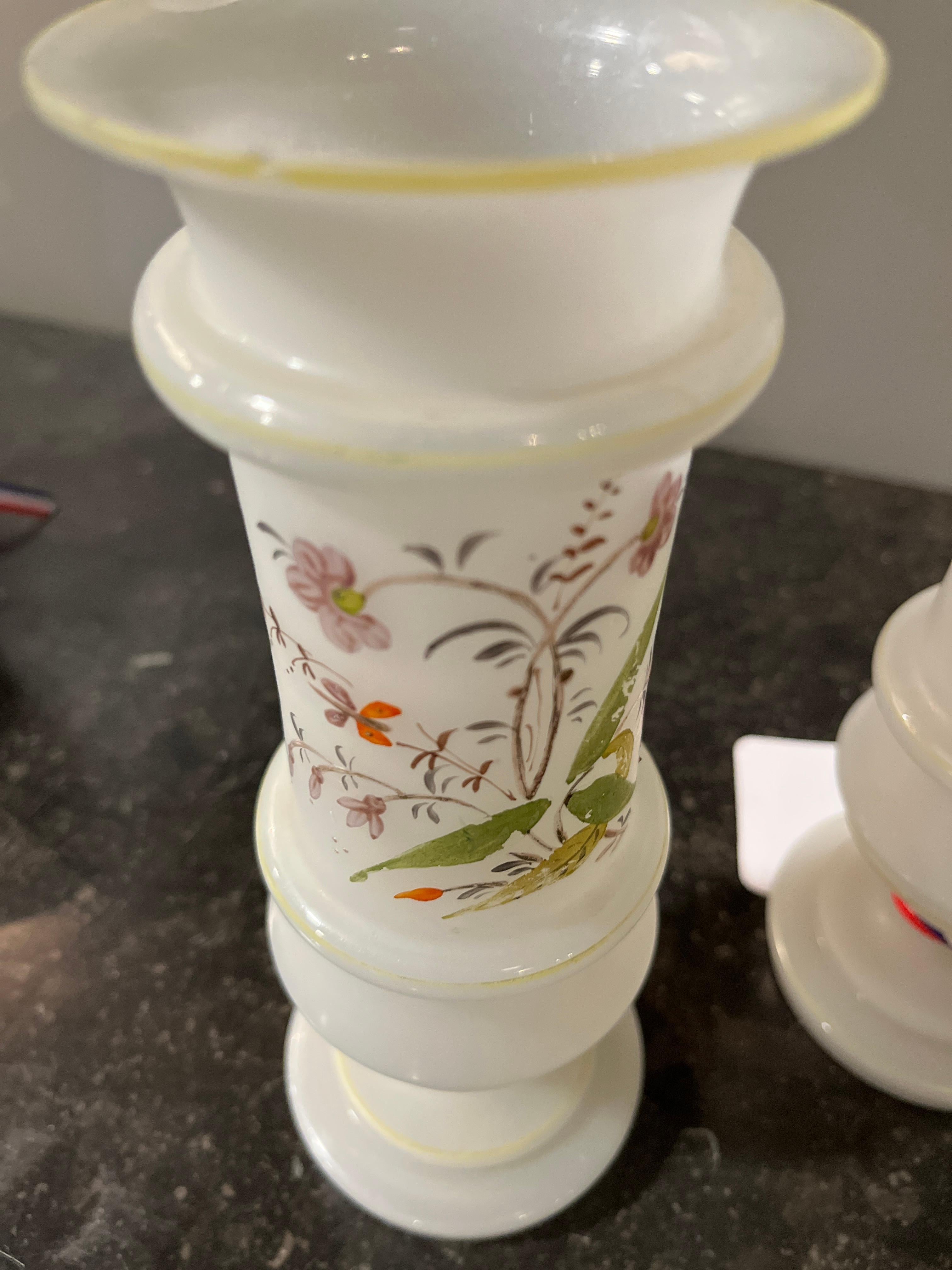 Francese Antique French Coppia di vasi opalini floreali in vendita