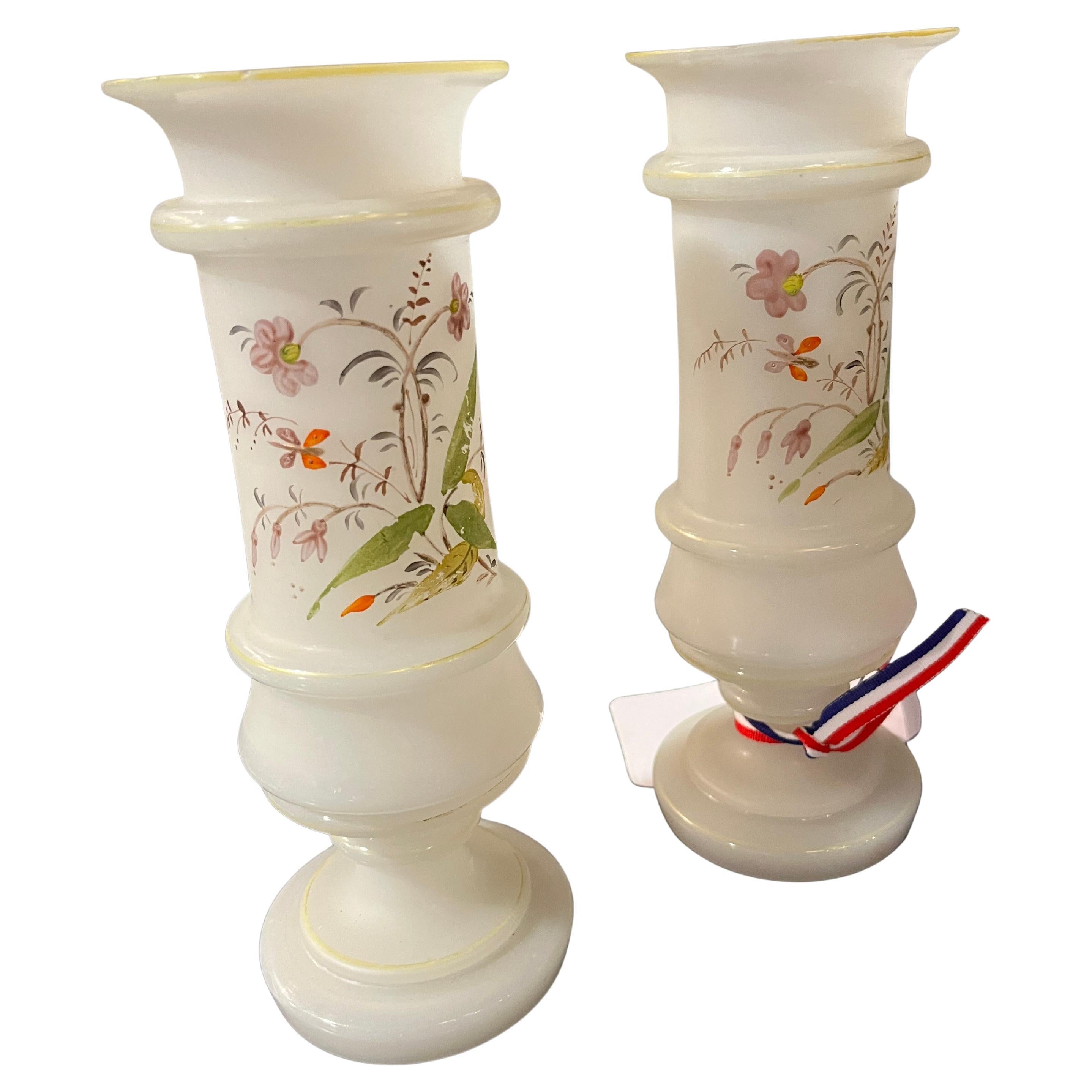 Antique French Par Floreros Opaline Floral