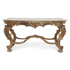 Antique French Pair Rococo Louis XV Style Gilt Cast Iron Marble Console Tables