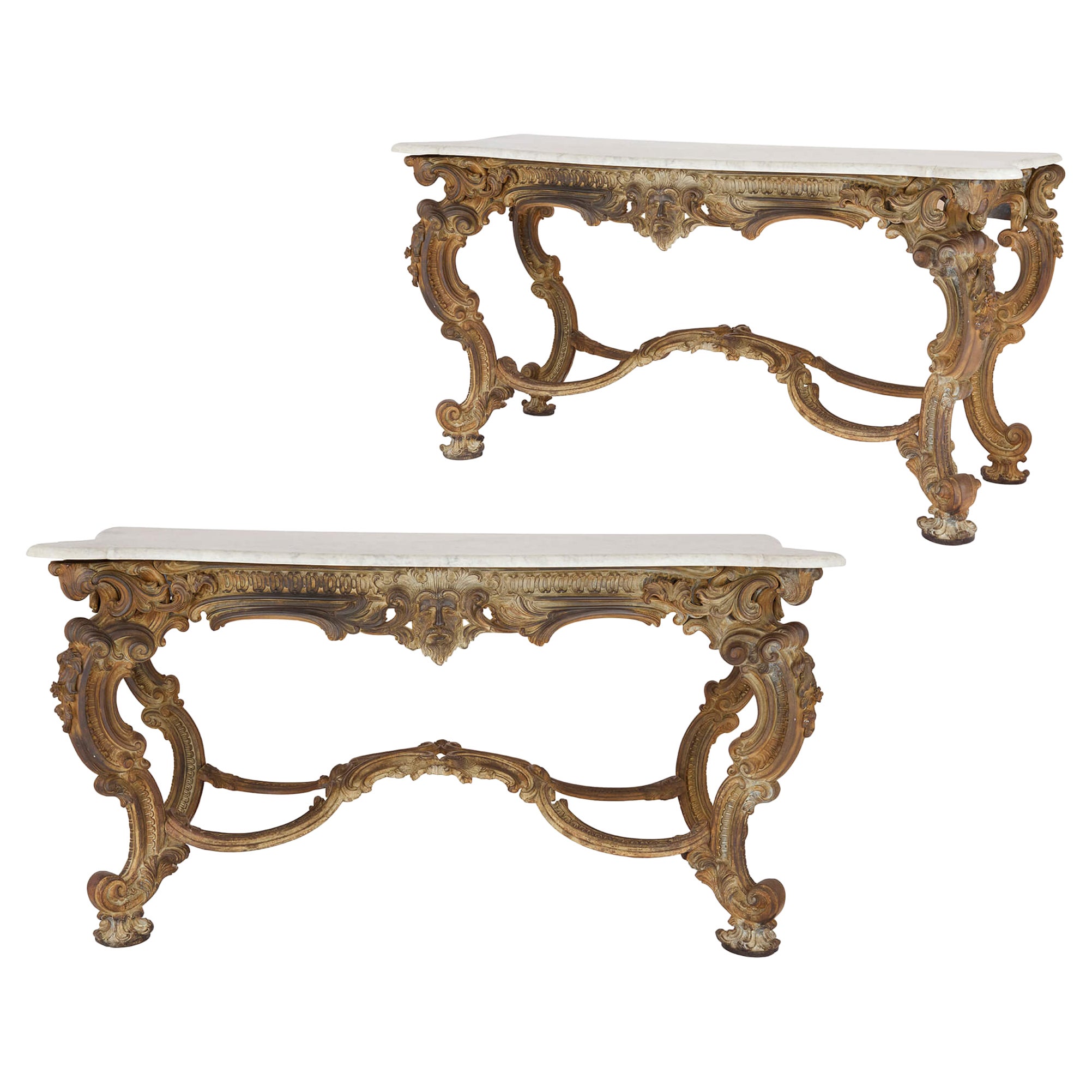 Antique French Pair Rococo Louis XV Style Gilt Cast Iron Marble Console Tables