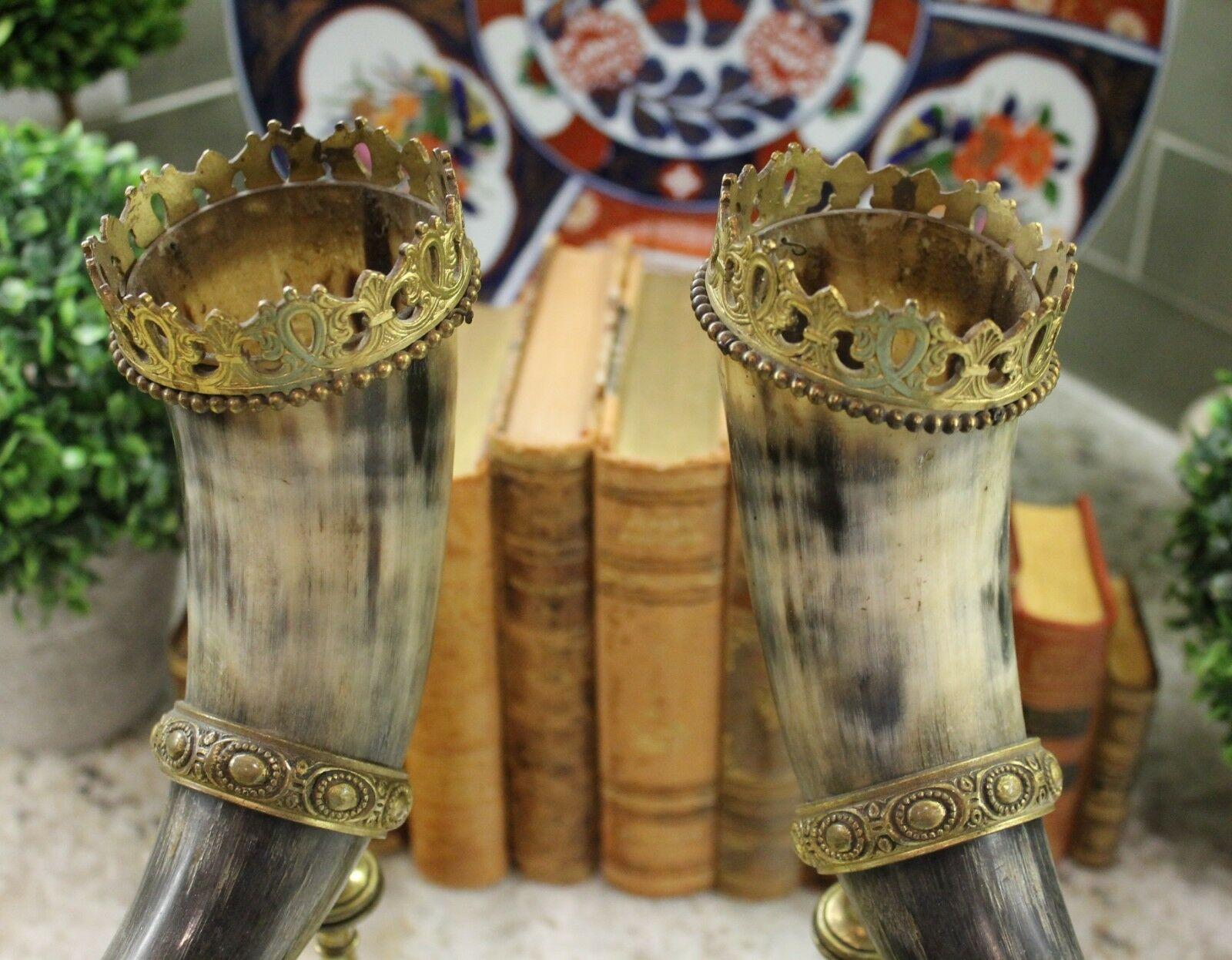 Antique French Pair Trophy Drinking Horns Hunt Epergne Renaissance Brass Statue 5