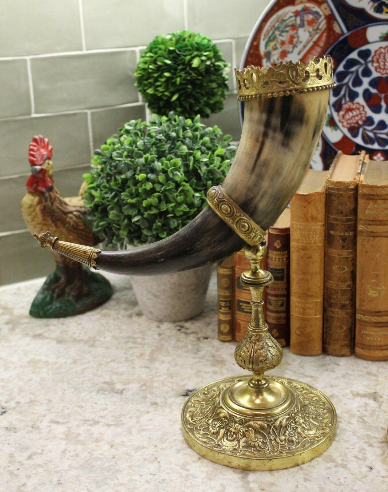 Antique French Pair Trophy Drinking Horns Hunt Epergne Renaissance Brass Statue 6