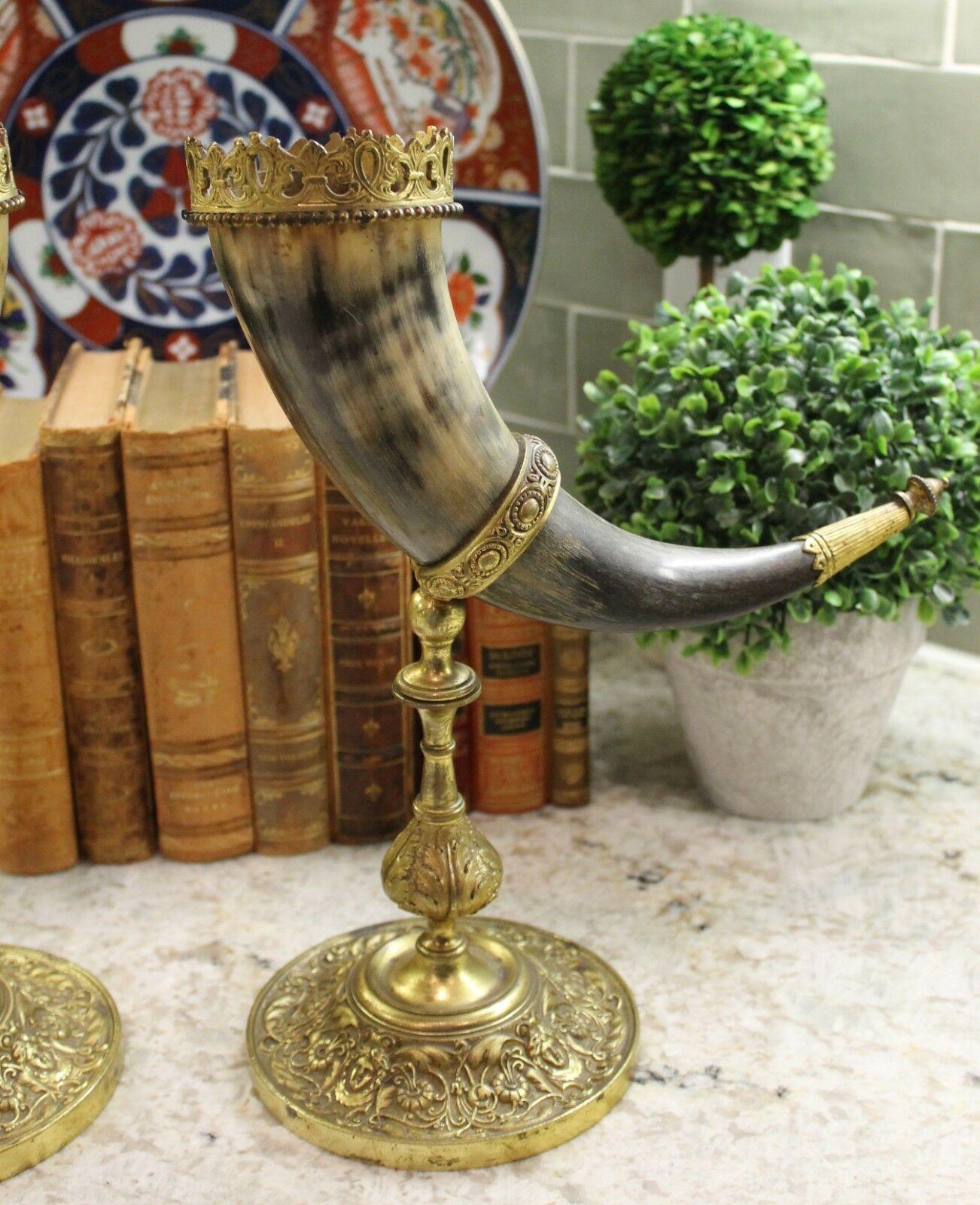 Antique French Pair Trophy Drinking Horns Hunt Epergne Renaissance Brass Statue 7