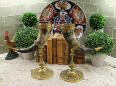 Antique French Pair Trophy Drinking Horns Hunt Epergne Renaissance Brass Statue