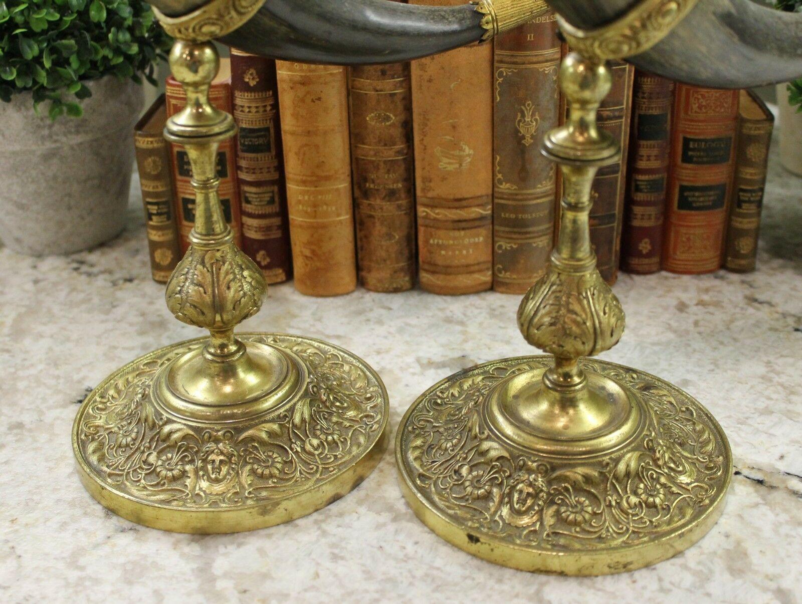 19th Century Antique French Pair Trophy Drinking Horns Hunt Epergne Renaissance Brass Statue