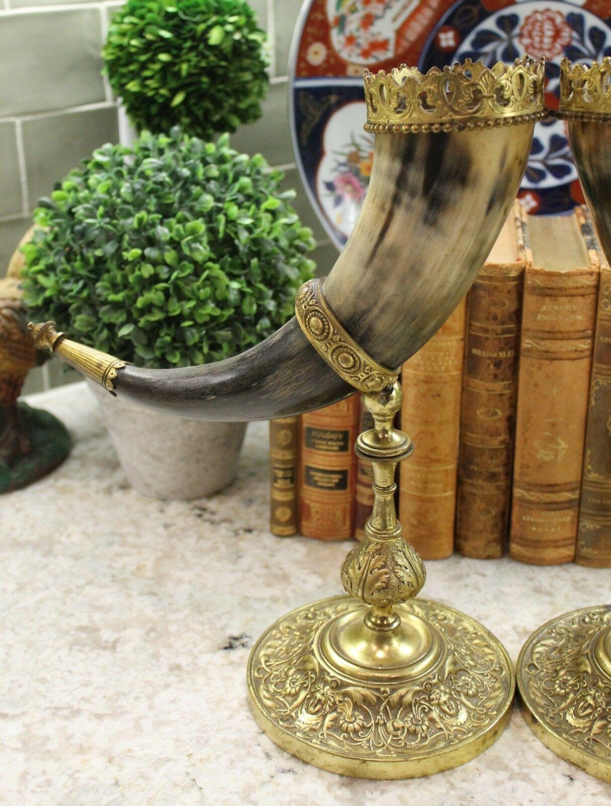 Antique French Pair Trophy Drinking Horns Hunt Epergne Renaissance Brass Statue 1
