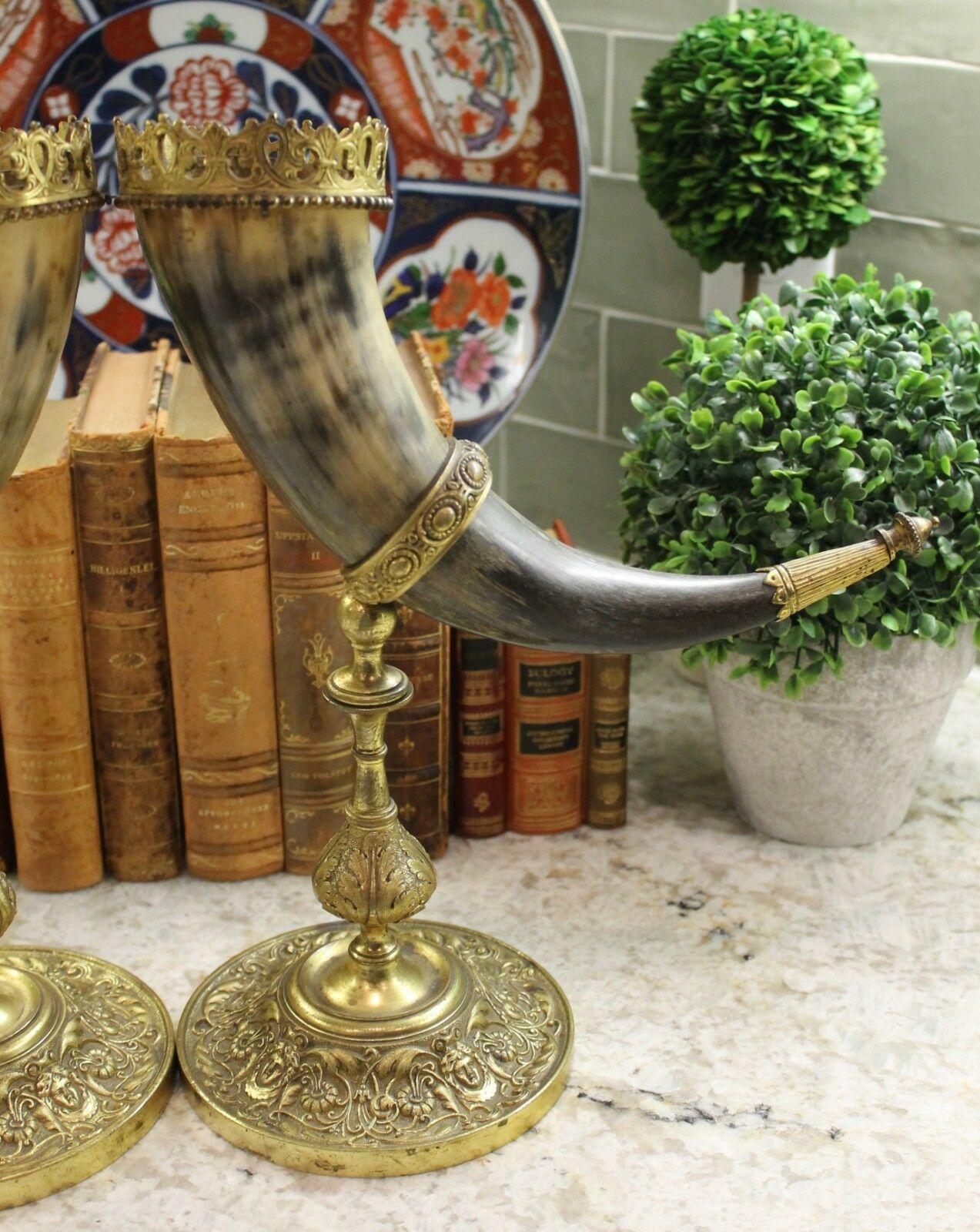 Antique French Pair Trophy Drinking Horns Hunt Epergne Renaissance Brass Statue 2
