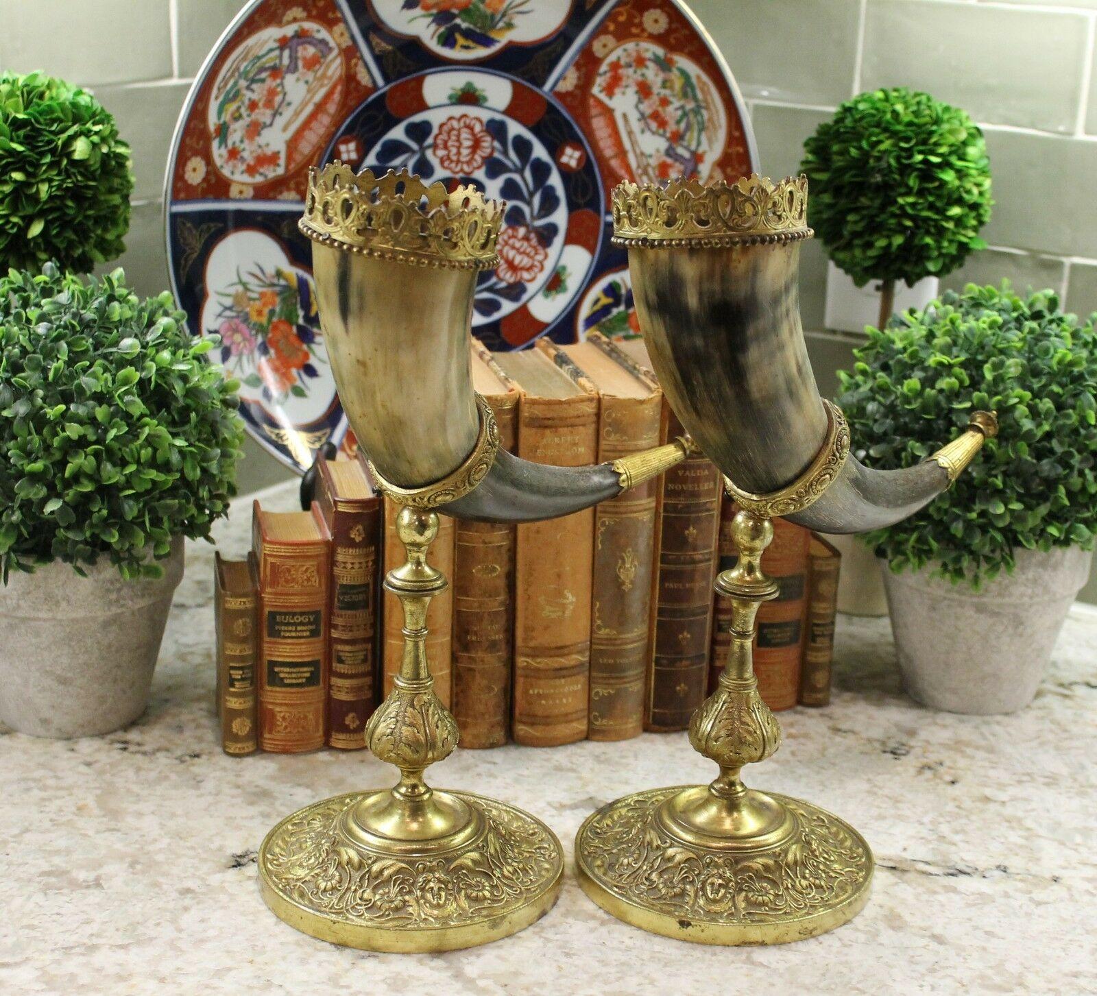 Antique French Pair Trophy Drinking Horns Hunt Epergne Renaissance Brass Statue 4