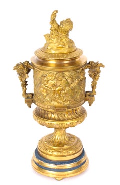 French Pair Two-Tone Gilt Bronze Lidded Urns with Cherub Finials, 19th Century