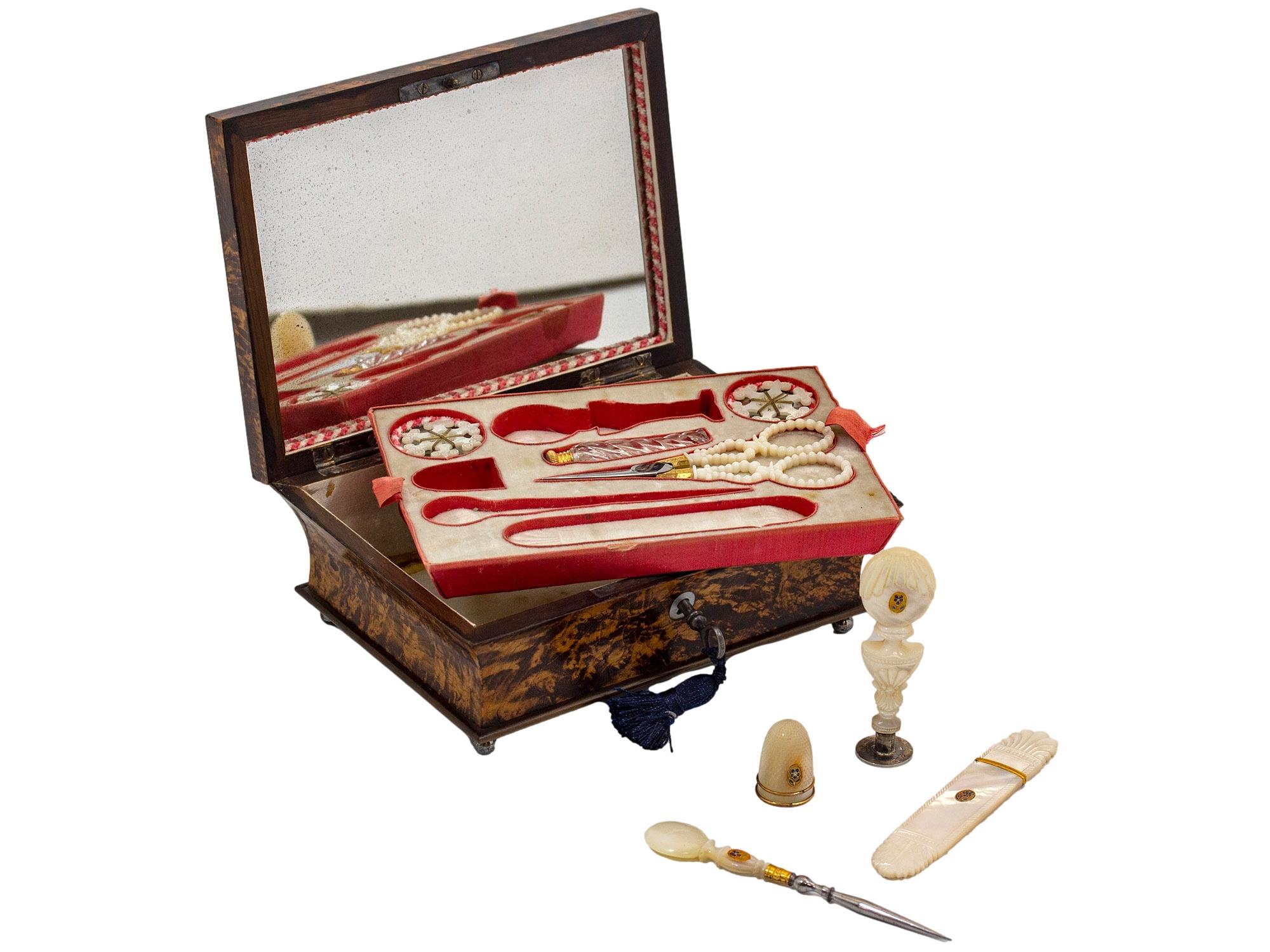 Antique French Palais Royal Mulberry Sewing Box For Sale 10